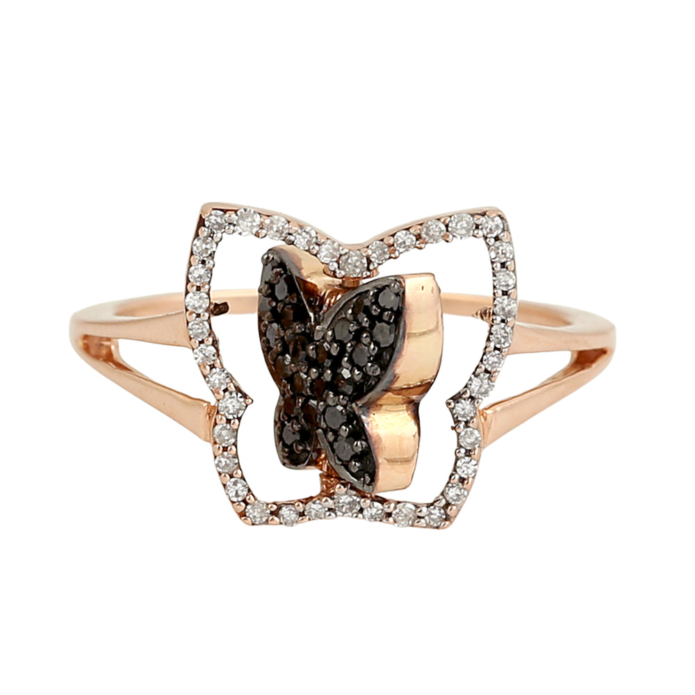 Rose Gold Butterfly Ring with Blue Sapphire & Pave Diamonds – Elegant Split Band Design