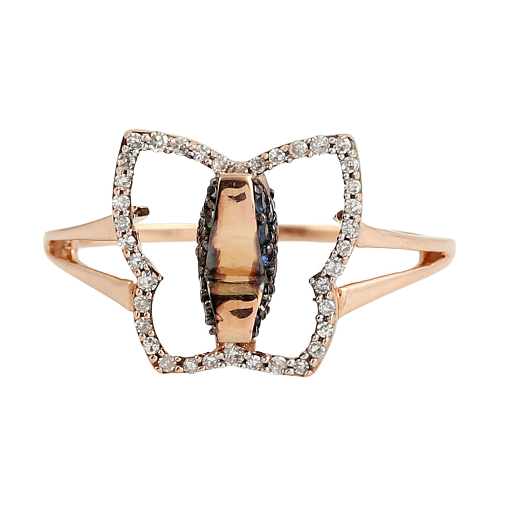 Rose Gold Butterfly Ring with Blue Sapphire & Pave Diamonds – Elegant Split Band Design