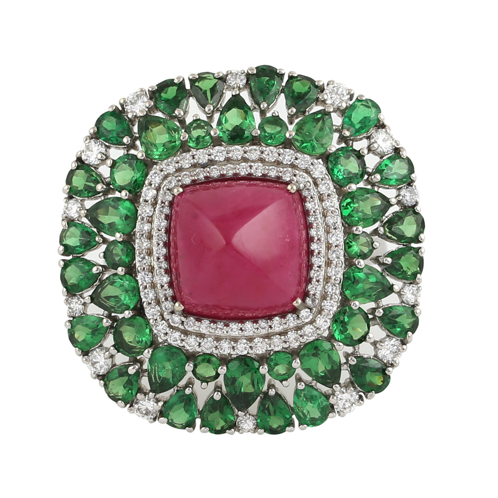Cushion Ruby, Tsavorite & Diamond Cocktail Ring in 18K White Gold