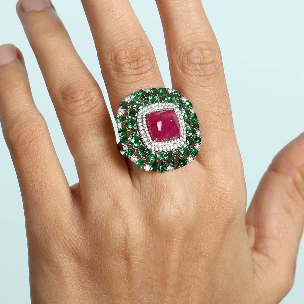 Cushion Ruby, Tsavorite & Diamond Cocktail Ring in 18K White Gold