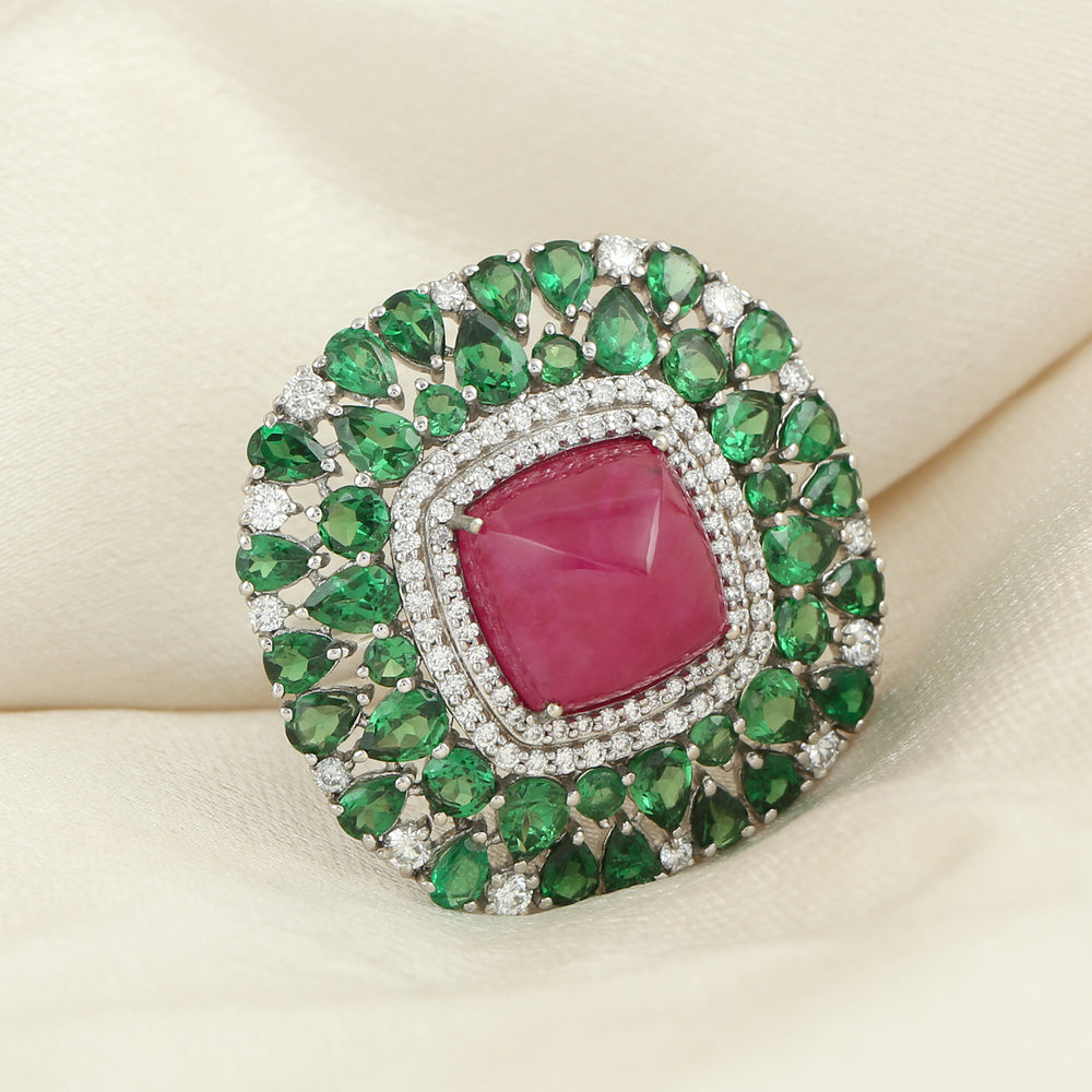 Cushion Ruby, Tsavorite & Diamond Cocktail Ring in 18K White Gold