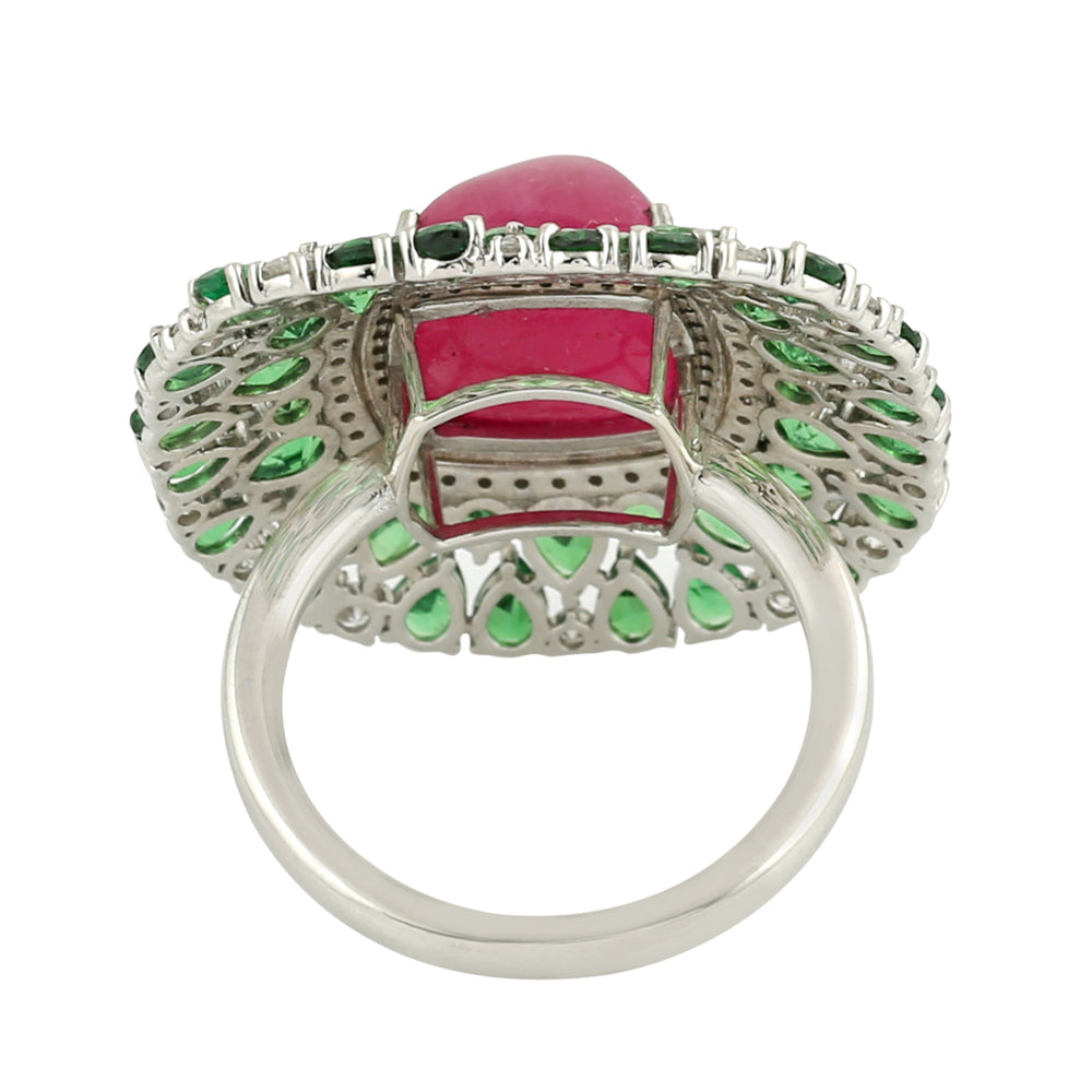 Cushion Ruby, Tsavorite & Diamond Cocktail Ring in 18K White Gold