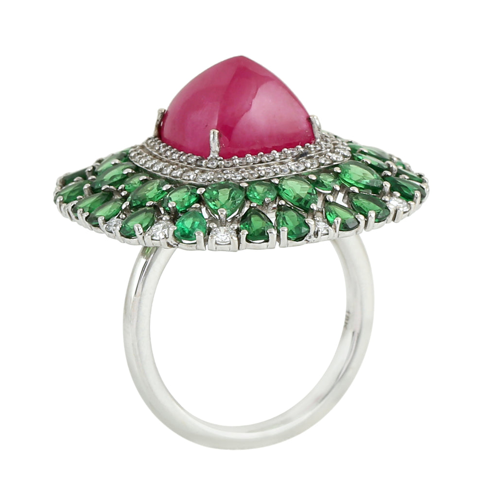 Cushion Ruby, Tsavorite & Diamond Cocktail Ring in 18K White Gold