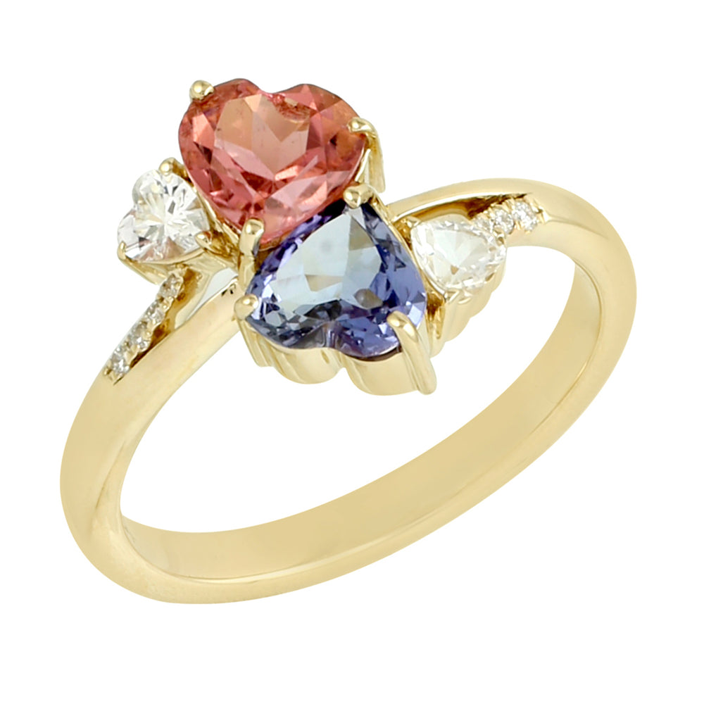 Heart Pink Tourmaline & Tanzanite Prong White Sapphire Pave Diamond Cocktail Ring In Gold