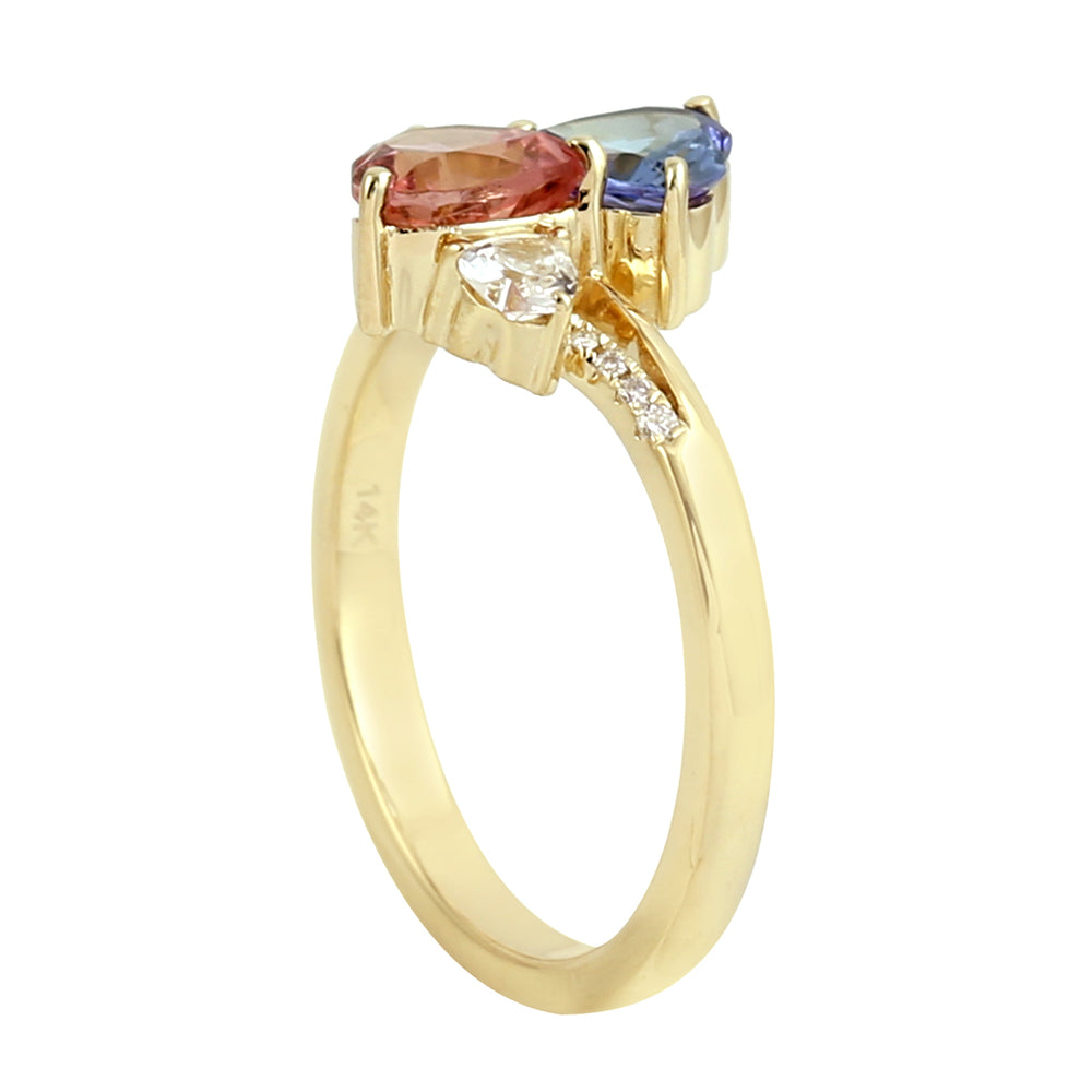 Heart Pink Tourmaline & Tanzanite Prong White Sapphire Pave Diamond Cocktail Ring In Gold