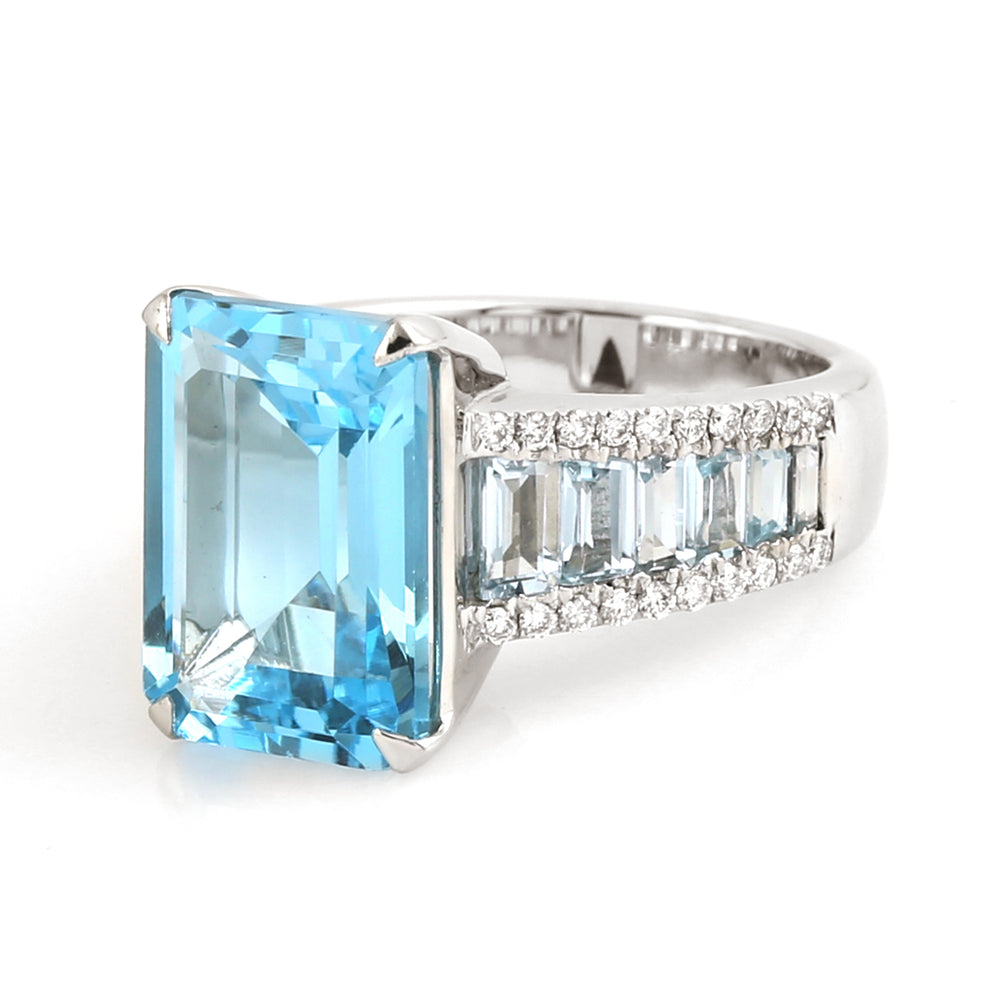 Rhombus Cut Blue Topaz Pave Diamond Solitaire Ring In In 18K White Gold