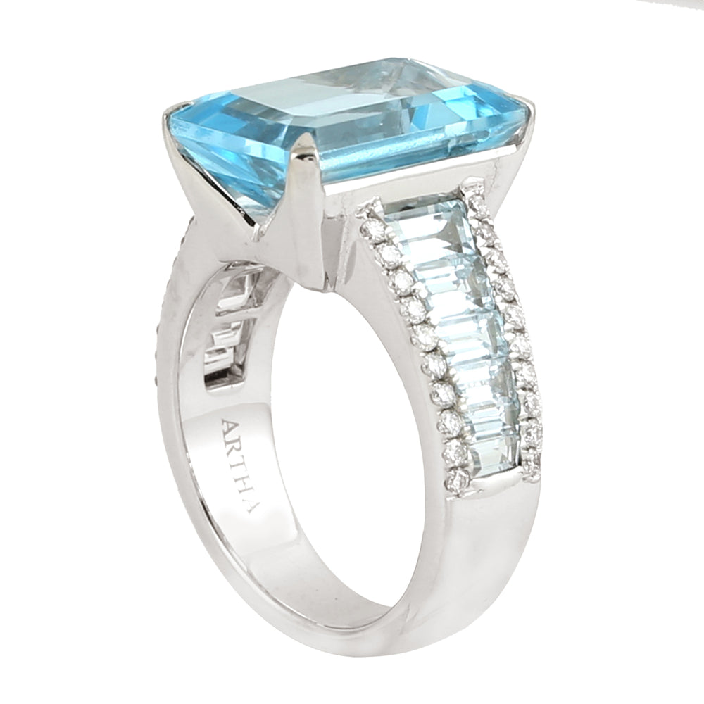 Rhombus Cut Blue Topaz Pave Diamond Solitaire Ring In In 18K White Gold