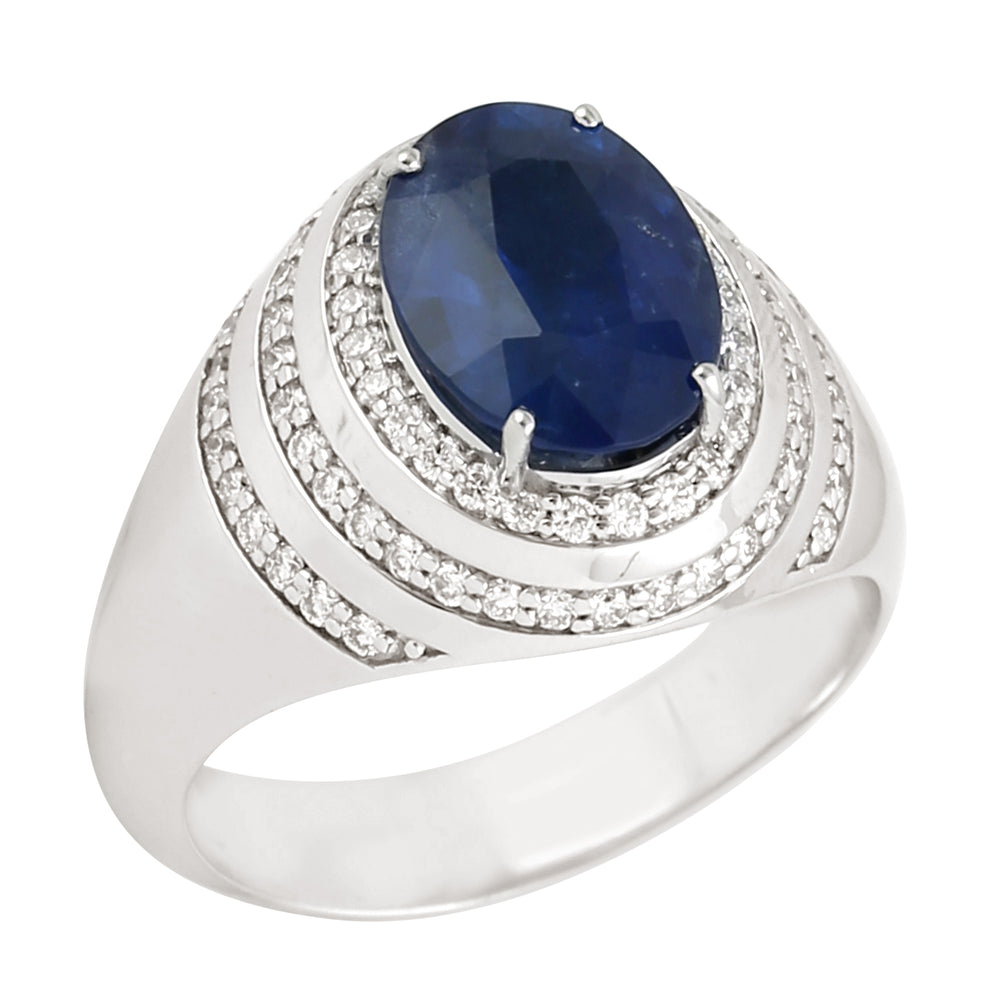 Oval Blue Sapphire & Diamond Halo Ring in 18K White Gold