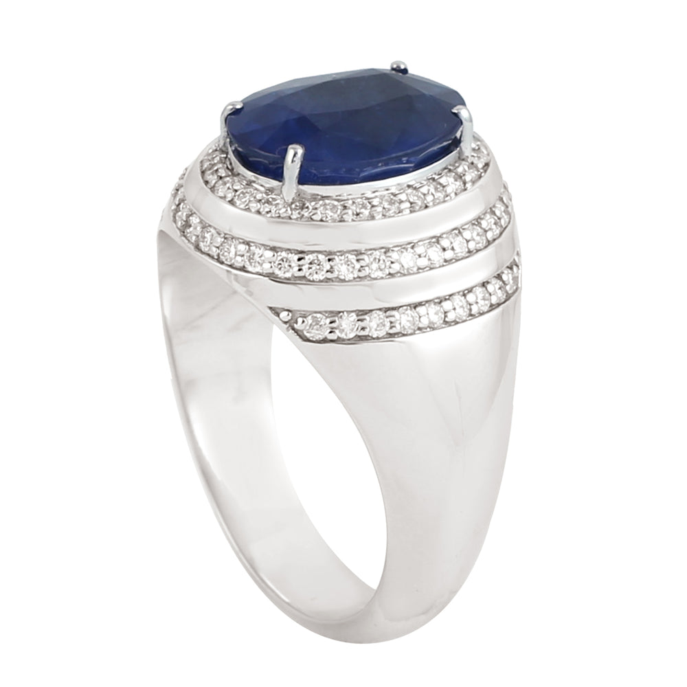 Oval Blue Sapphire & Diamond Halo Ring in 18K White Gold