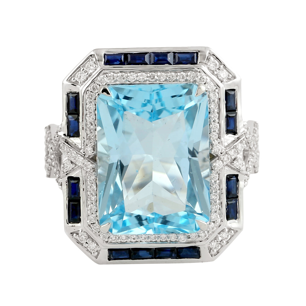 Blue Topaz Baguette Cut Blue Sapphire Pave Diamond Engagement Ring In White Gold