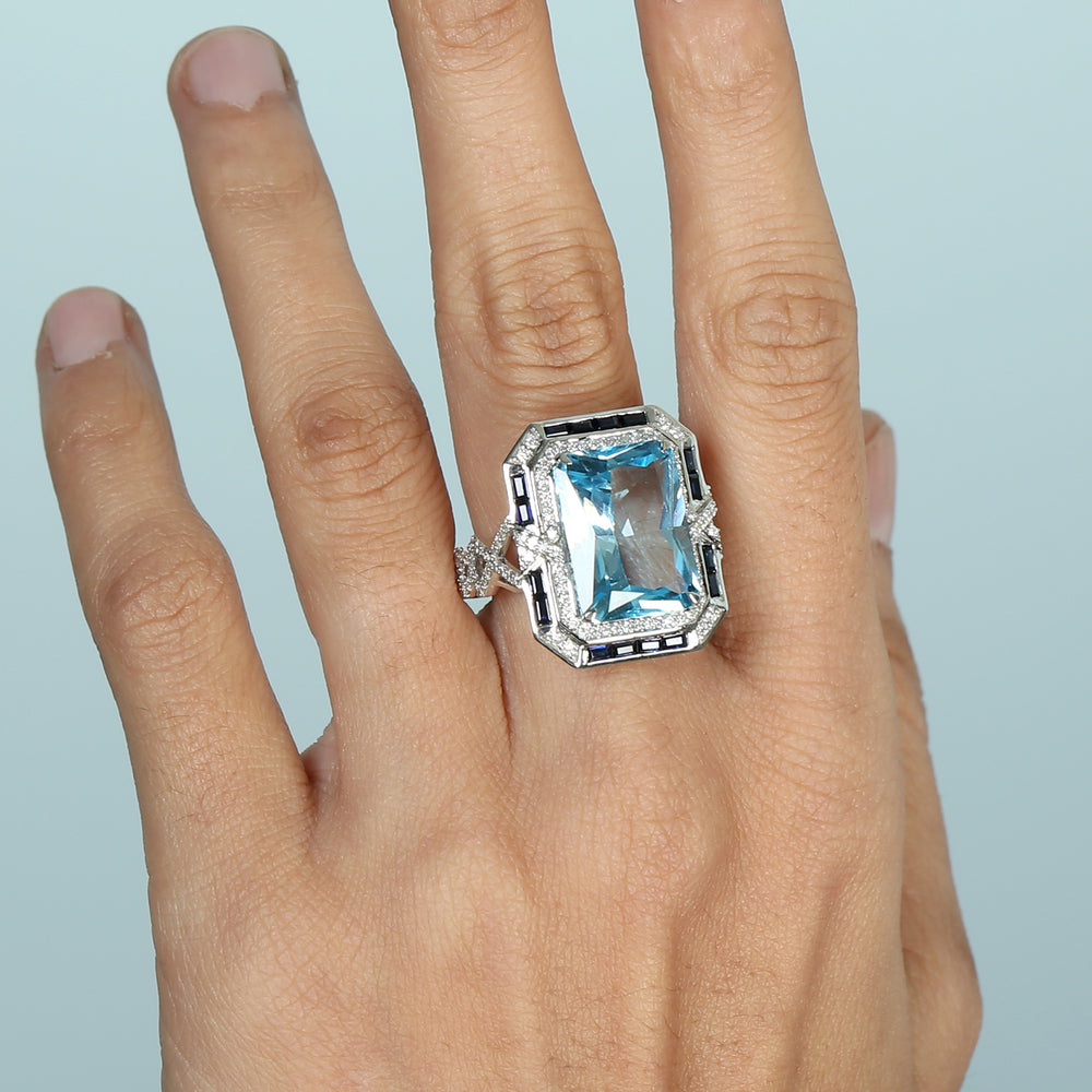 Blue Topaz Baguette Cut Blue Sapphire Pave Diamond Engagement Ring In White Gold