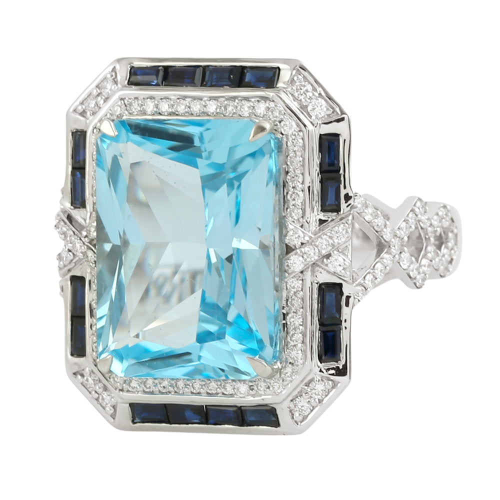 Blue Topaz Baguette Cut Blue Sapphire Pave Diamond Engagement Ring In White Gold