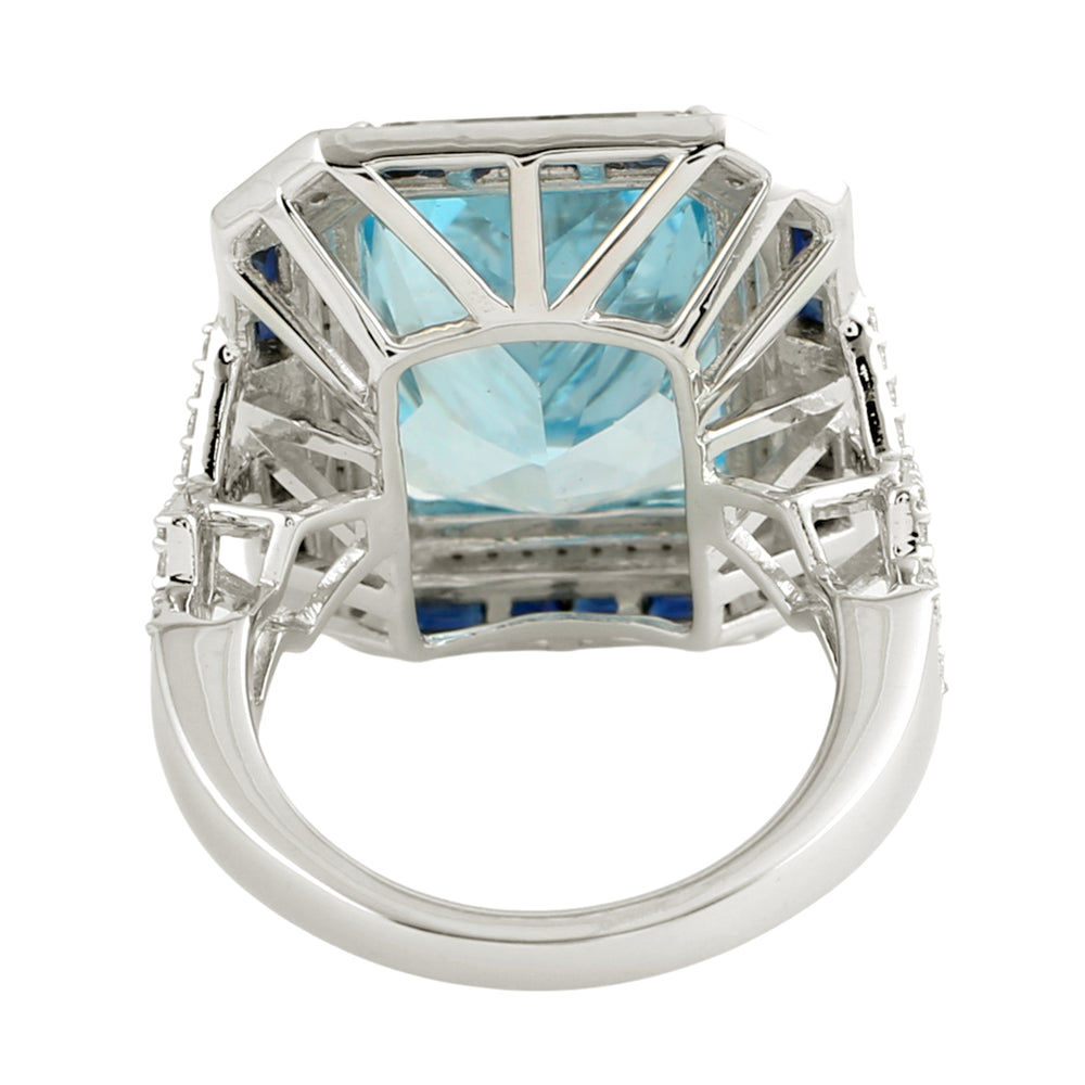 Blue Topaz Baguette Cut Blue Sapphire Pave Diamond Engagement Ring In White Gold