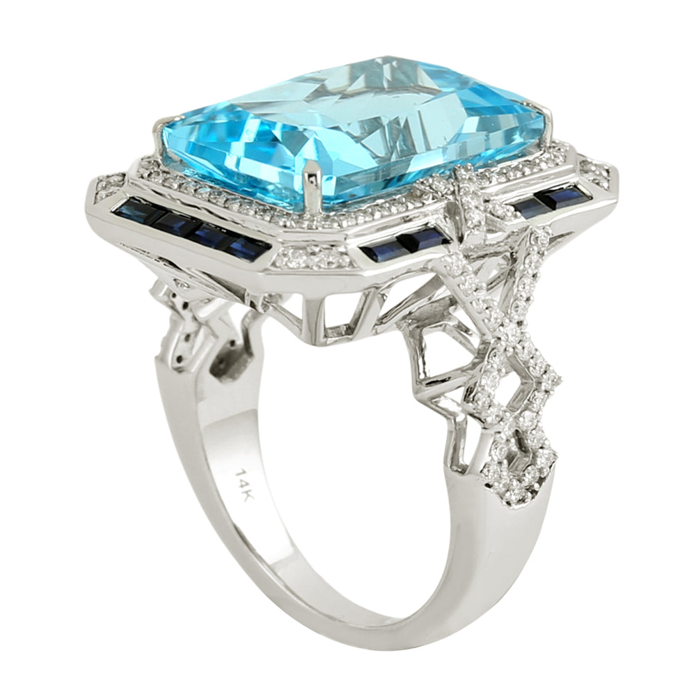 Blue Topaz Baguette Cut Blue Sapphire Pave Diamond Engagement Ring In White Gold