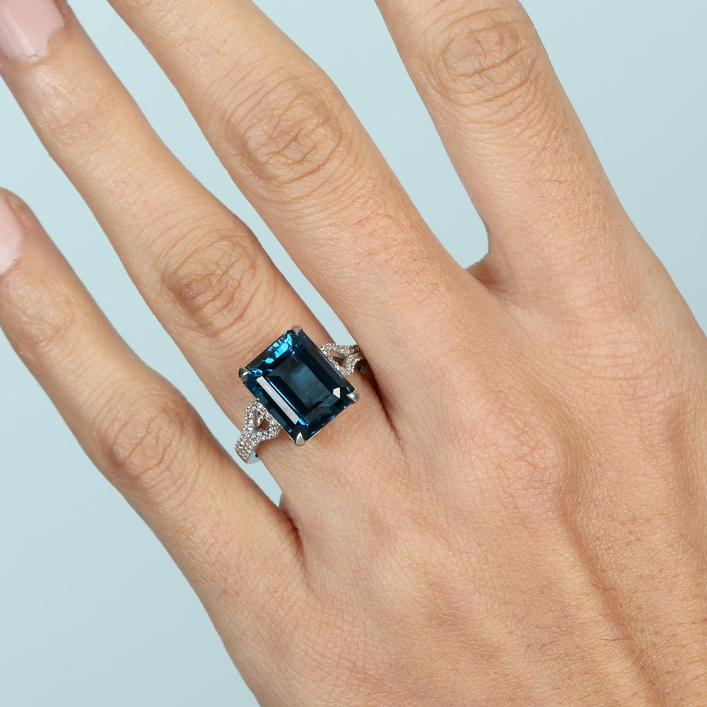 Octagon Cut London Topaz Pave Diamond Elegant Solitaire Ring In 14K White Gold