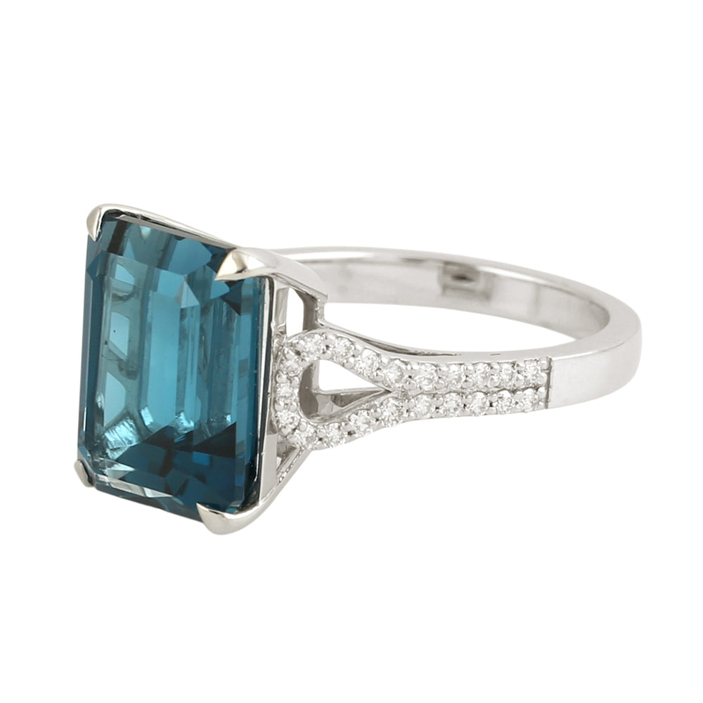 Octagon Cut London Topaz Pave Diamond Elegant Solitaire Ring In 14K White Gold