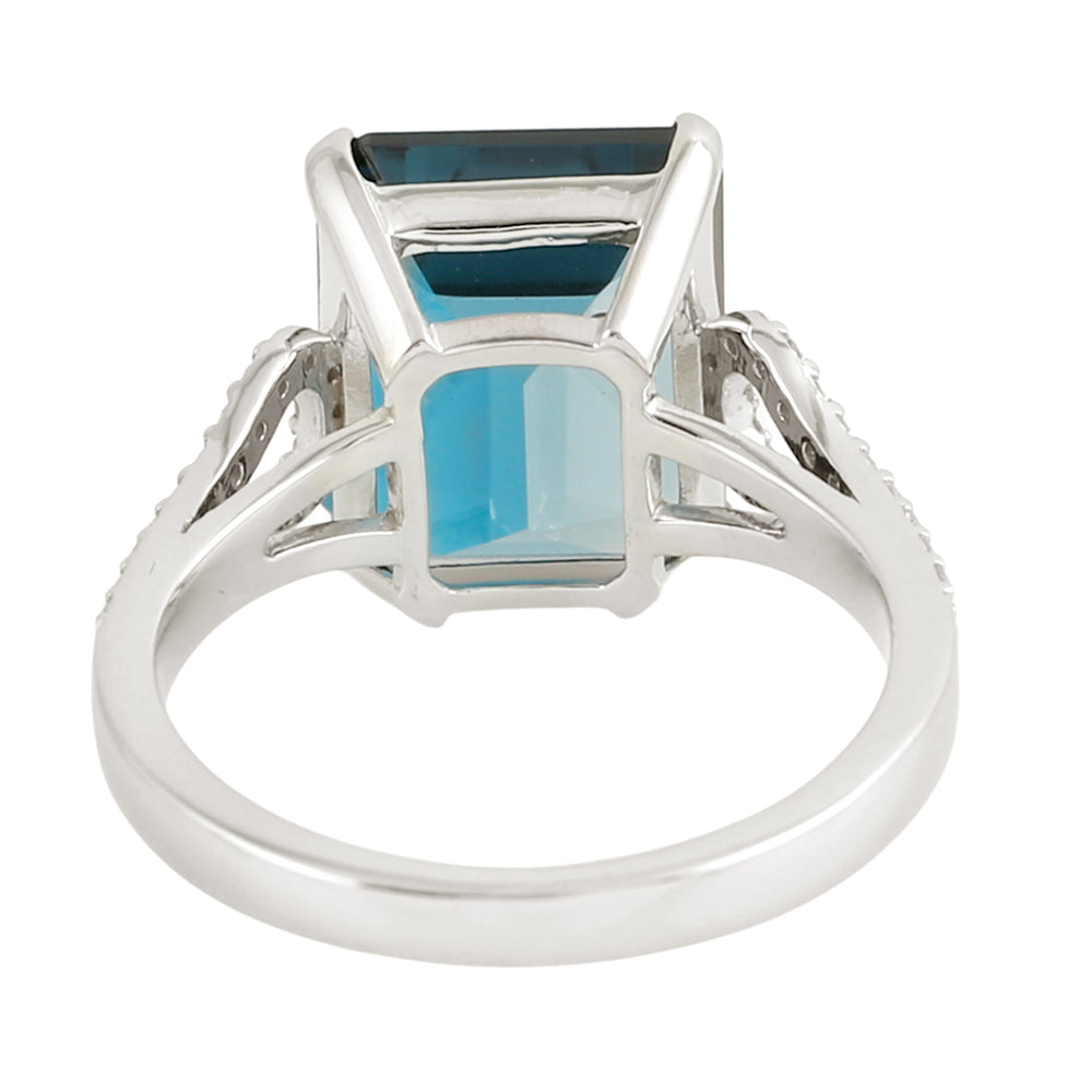 Octagon Cut London Topaz Pave Diamond Elegant Solitaire Ring In 14K White Gold