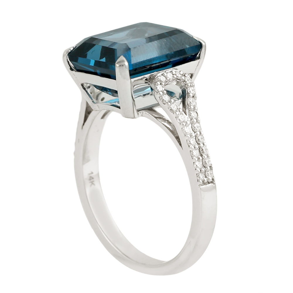 Octagon Cut London Topaz Pave Diamond Elegant Solitaire Ring In 14K White Gold
