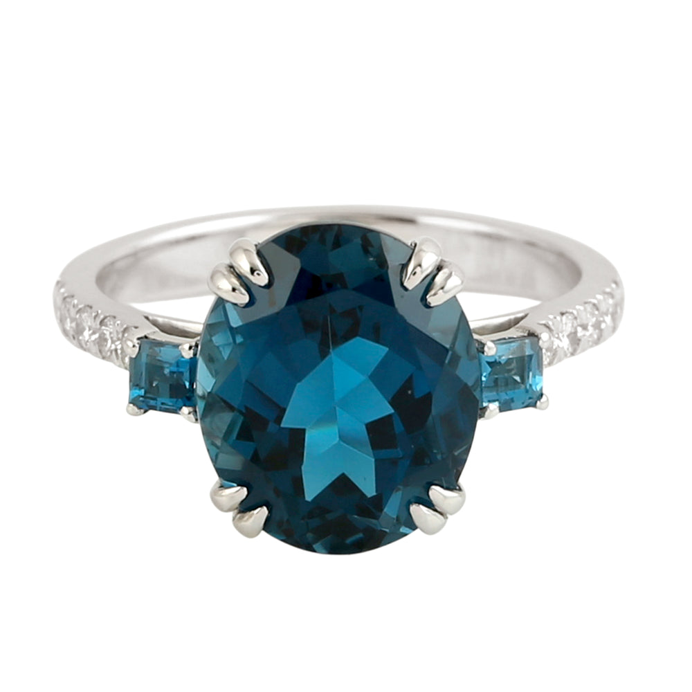 Oval Cut London Topaz Pave Diamond Solitaire Ring In 14K White Gold For Her