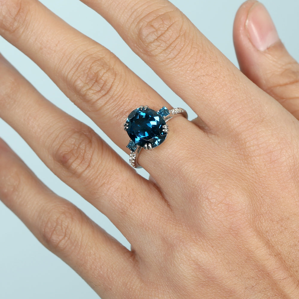 Oval Cut London Topaz Pave Diamond Solitaire Ring In 14K White Gold For Her