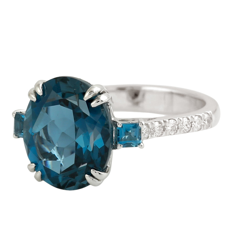 Oval Cut London Topaz Pave Diamond Solitaire Ring In 14K White Gold For Her