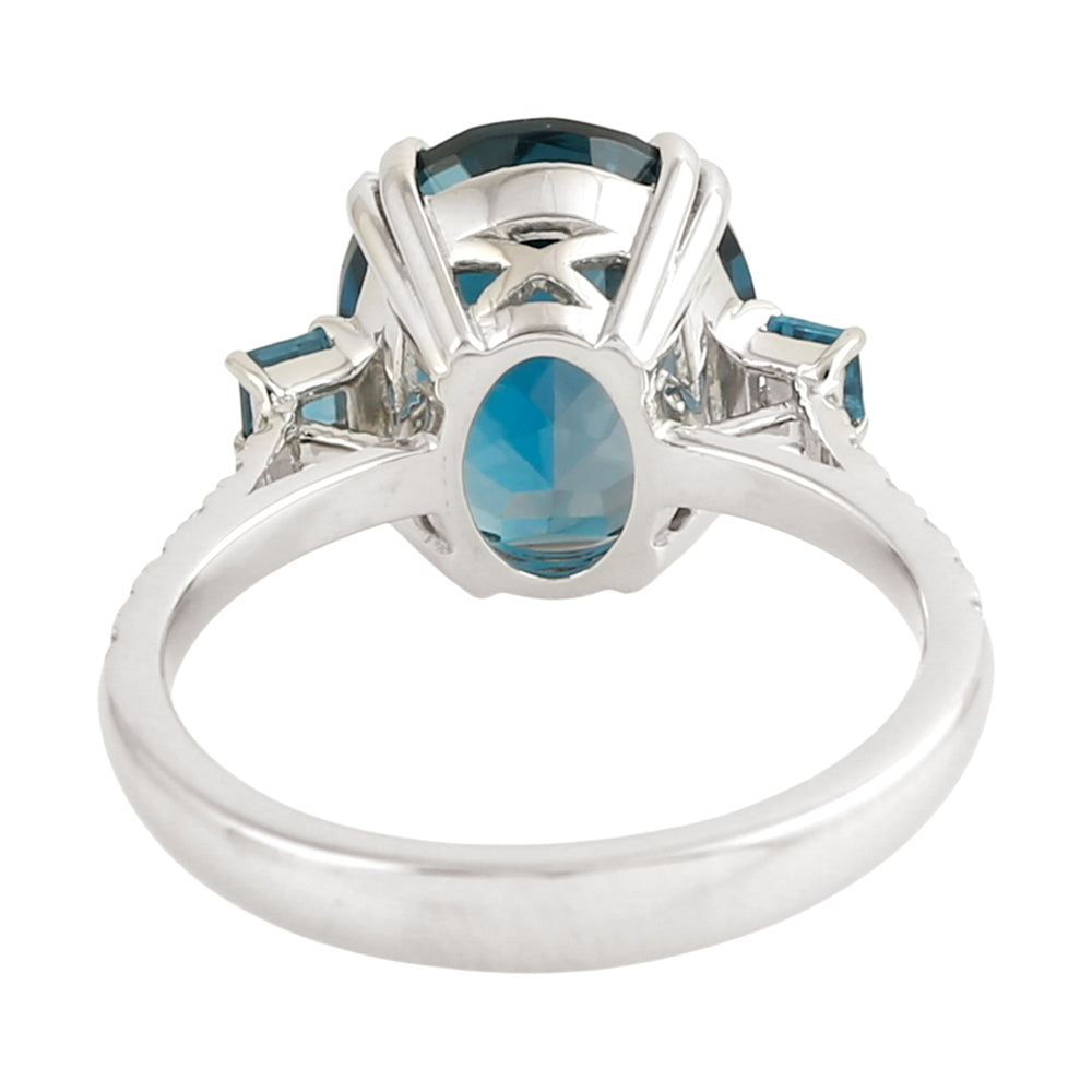 Oval Cut London Topaz Pave Diamond Solitaire Ring In 14K White Gold For Her