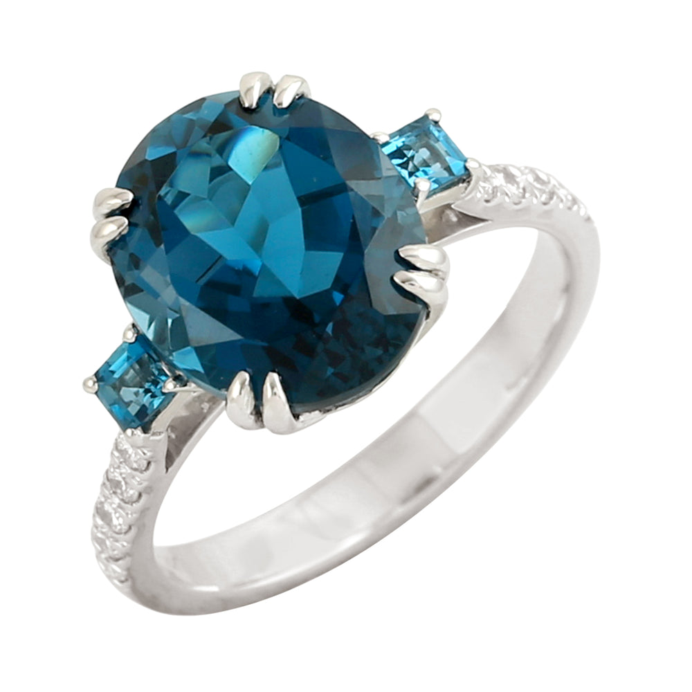 Oval Cut London Topaz Pave Diamond Solitaire Ring In 14K White Gold For Her