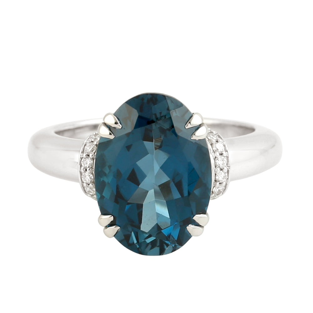 14K White Gold Oval Cut London Topaz Pave Diamond Solitaire Ring For Her