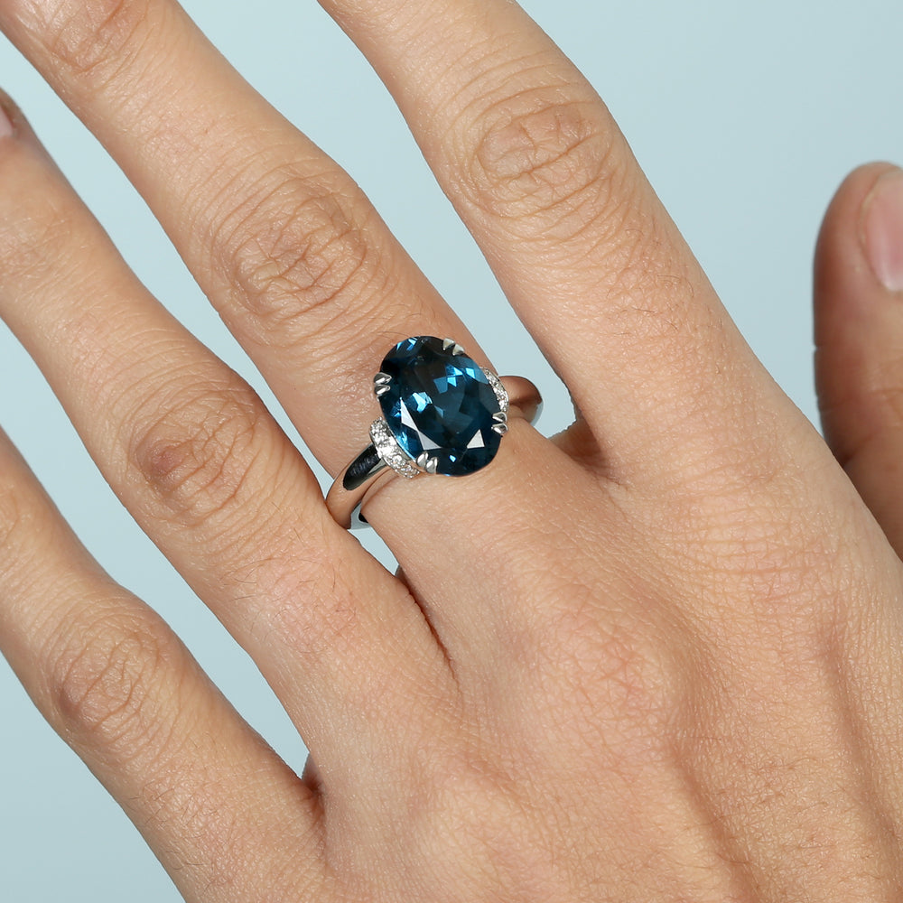 14K White Gold Oval Cut London Topaz Pave Diamond Solitaire Ring For Her