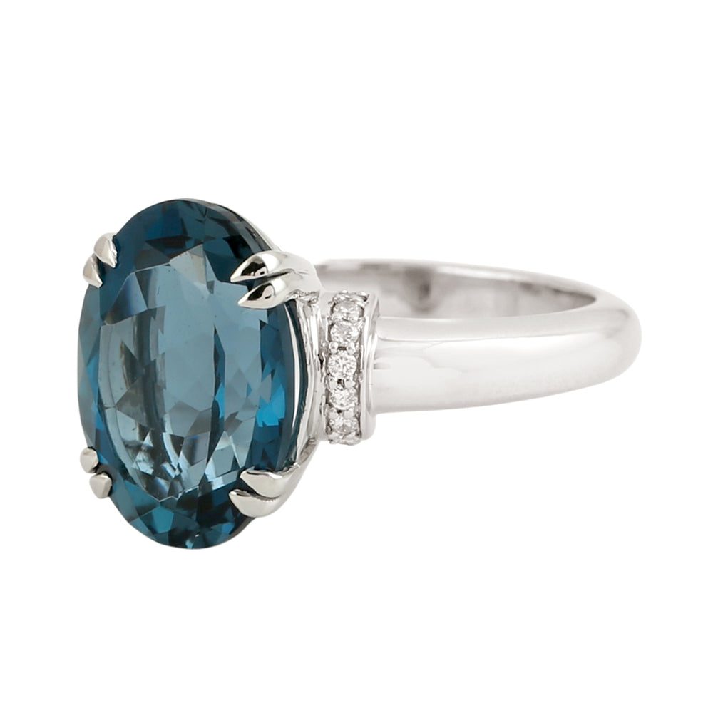 14K White Gold Oval Cut London Topaz Pave Diamond Solitaire Ring For Her