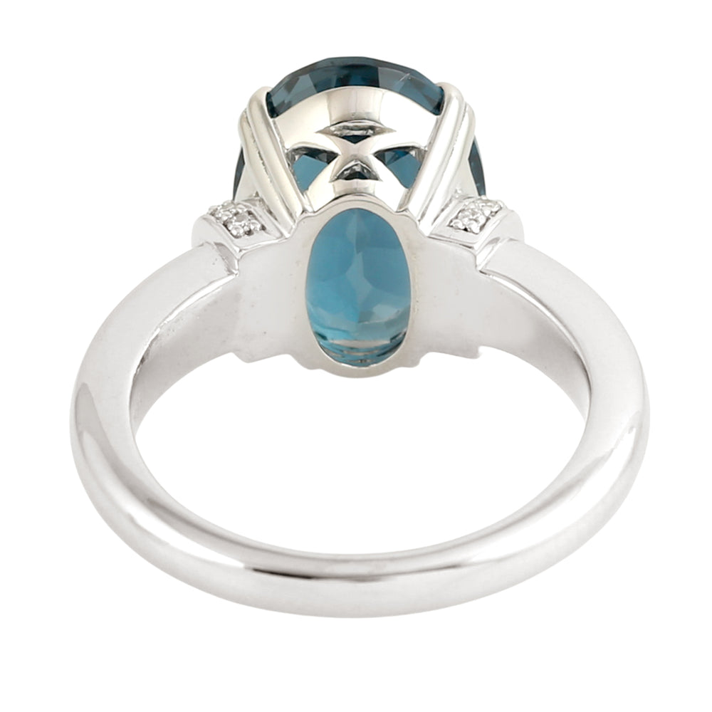 14K White Gold Oval Cut London Topaz Pave Diamond Solitaire Ring For Her