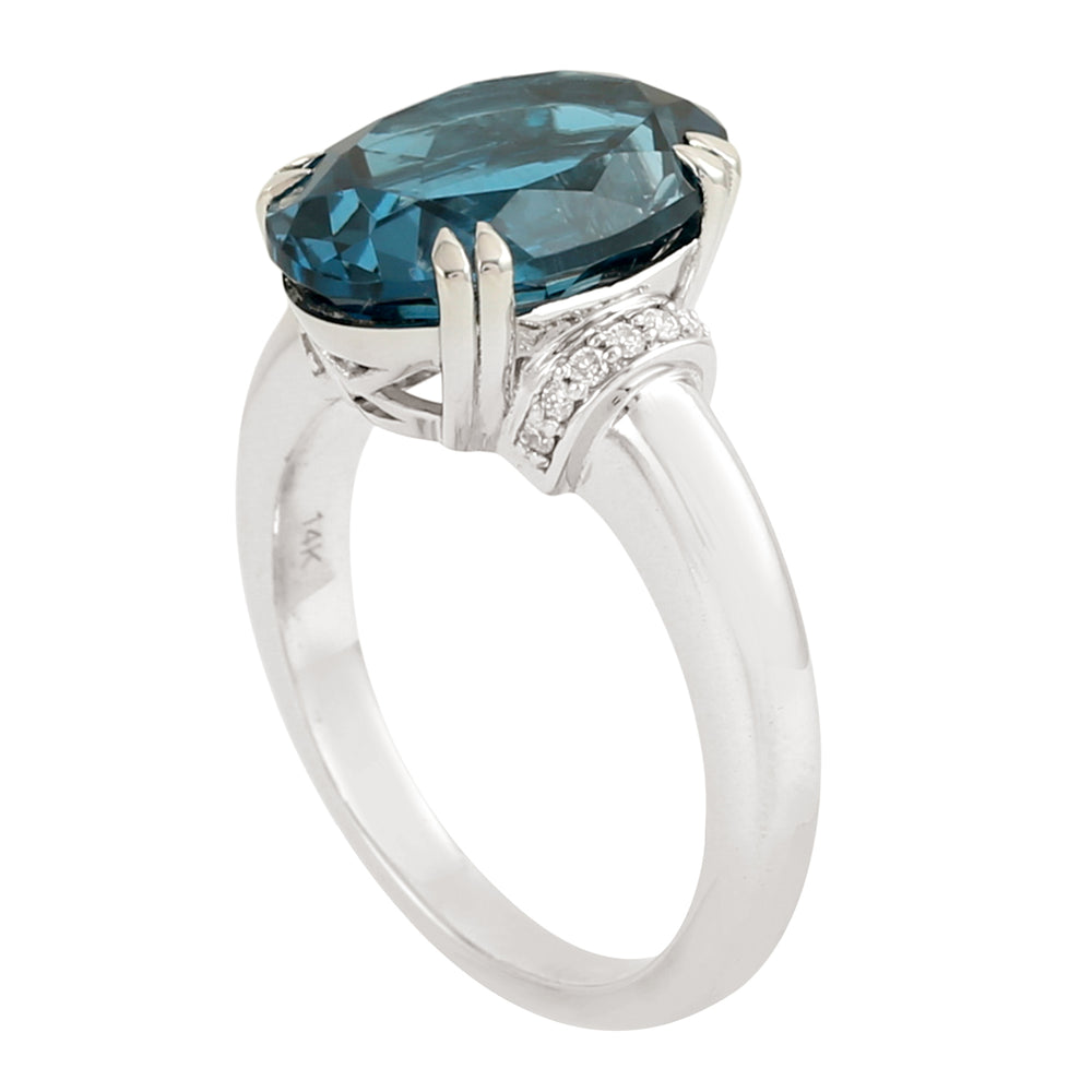 14K White Gold Oval Cut London Topaz Pave Diamond Solitaire Ring For Her