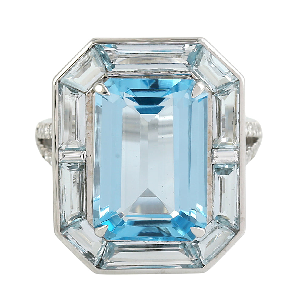 Emerald-Cut Blue Topaz Cocktail Ring in 18K White Gold