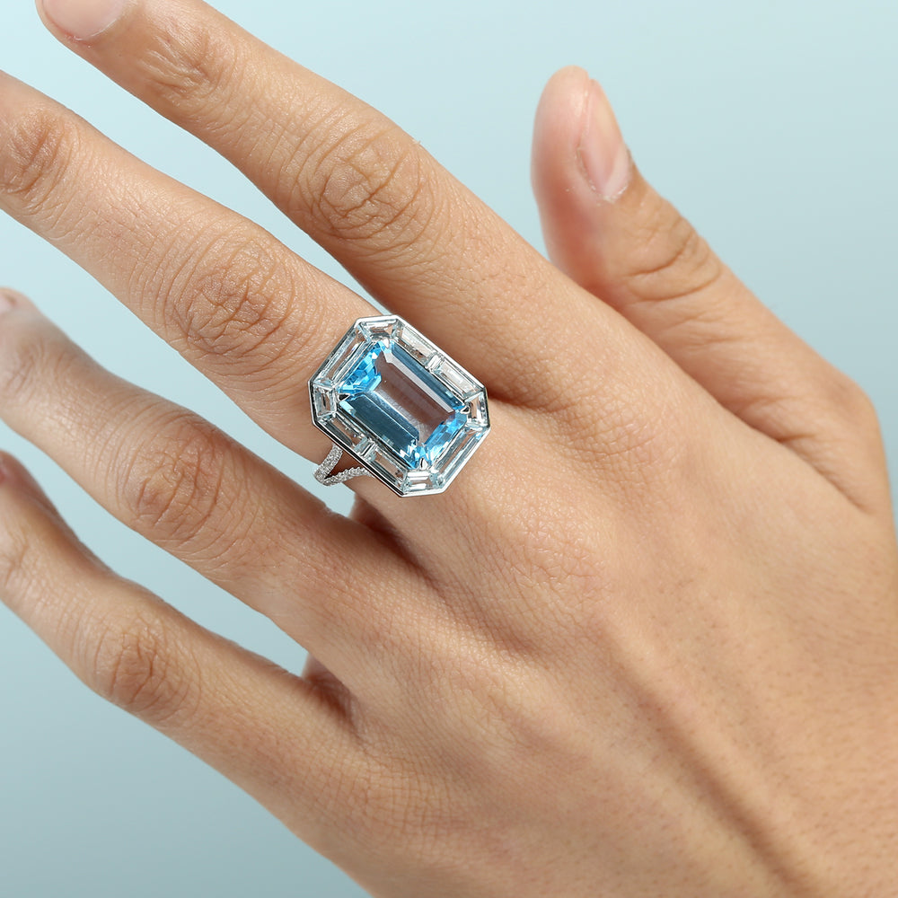 Emerald-Cut Blue Topaz Cocktail Ring in 18K White Gold