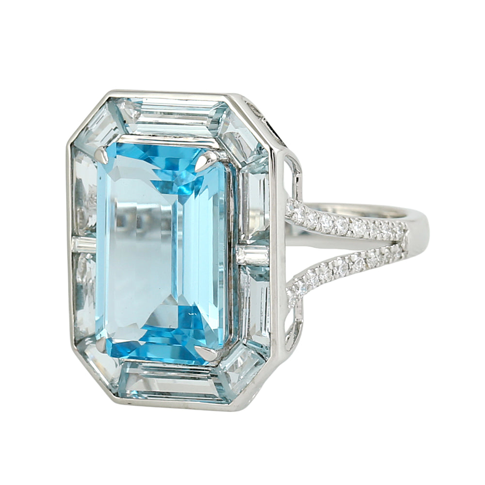 Emerald-Cut Blue Topaz Cocktail Ring in 18K White Gold