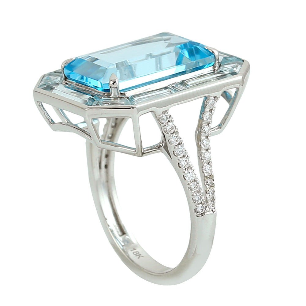 Emerald-Cut Blue Topaz Cocktail Ring in 18K White Gold