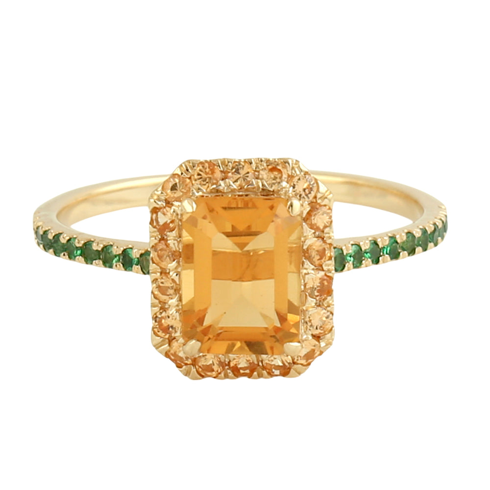 Octagon Cut Citrine Pave Garnet Mandarin Tsavorite Beautiful Ring In Yellow Gold