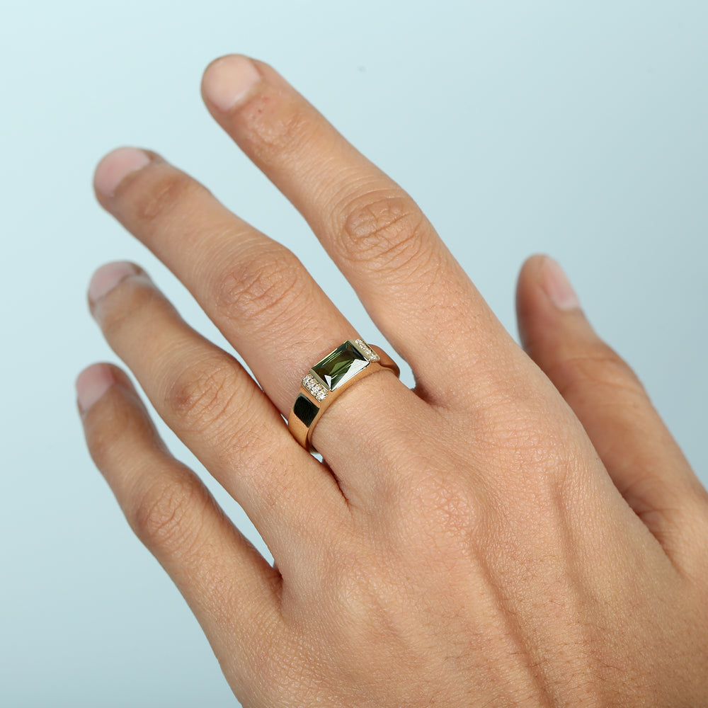 Green Tourmaline October Birthstone Pave Diamond Band Ring In 14K Yellow Gold