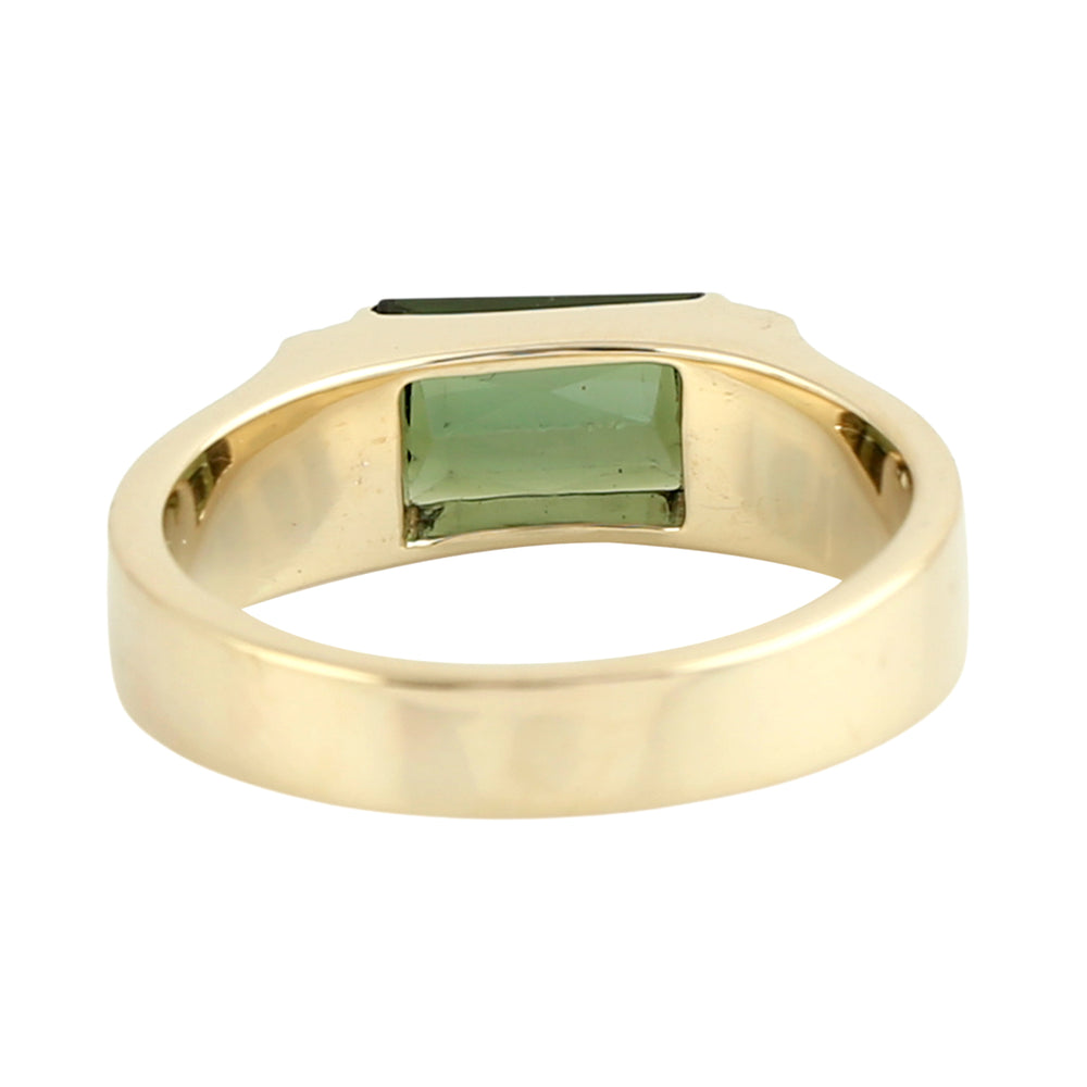 Green Tourmaline October Birthstone Pave Diamond Band Ring In 14K Yellow Gold