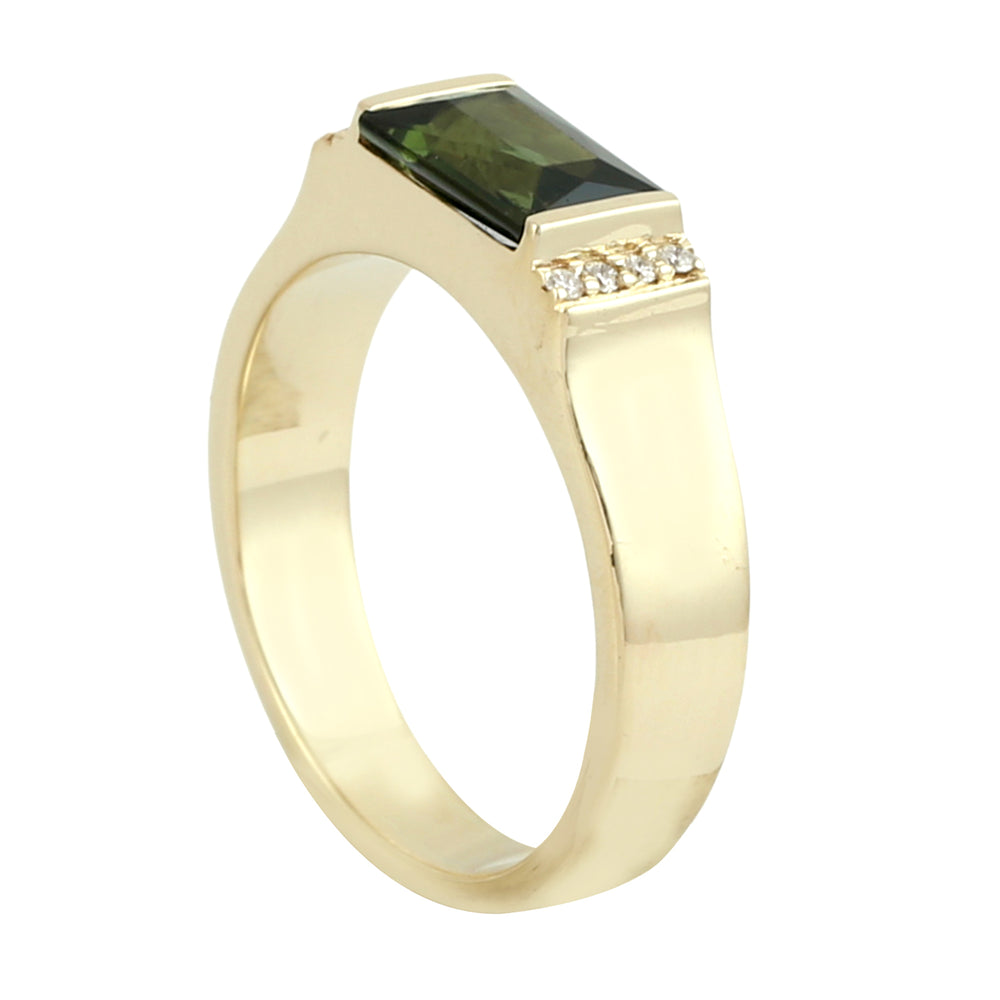 Green Tourmaline October Birthstone Pave Diamond Band Ring In 14K Yellow Gold