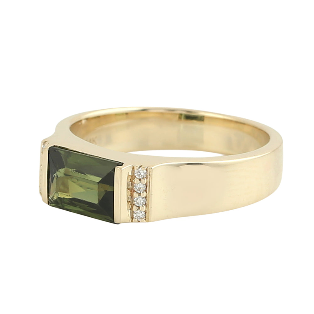 Green Tourmaline October Birthstone Pave Diamond Band Ring In 14K Yellow Gold