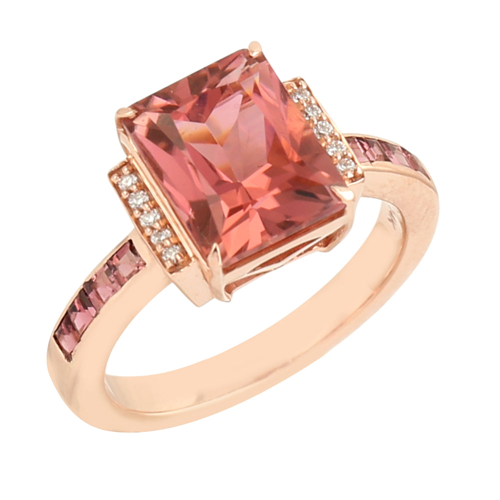 Princess Cut Pink Tourmaline Pave Diamond Solitaire Ring In 14K Rose Gold