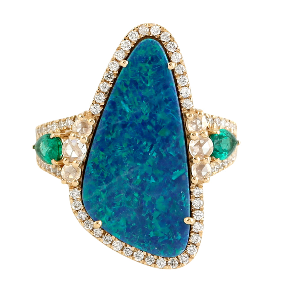 Australian Opal, Emerald & Rose Cut Diamond Statement Ring in 18K Yellow Gold