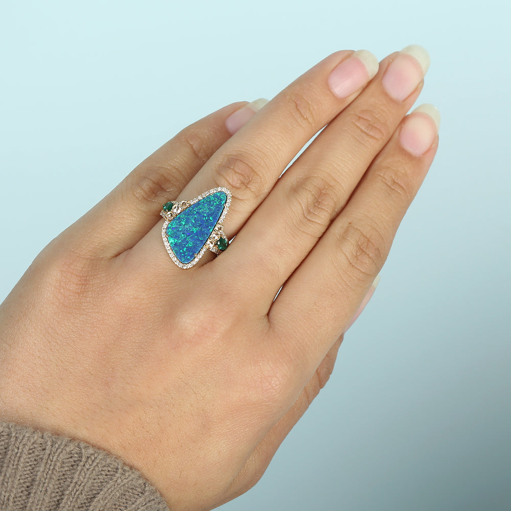 Australian Opal, Emerald & Rose Cut Diamond Statement Ring in 18K Yellow Gold