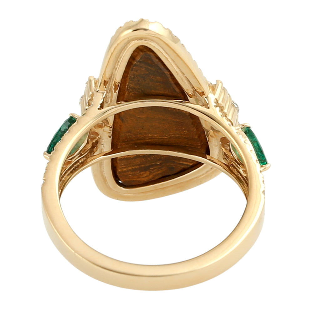 Australian Opal, Emerald & Rose Cut Diamond Statement Ring in 18K Yellow Gold