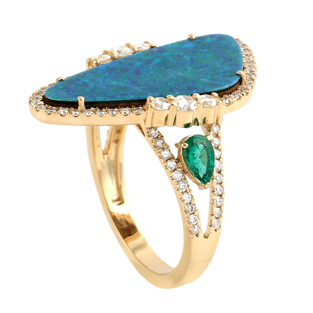 Australian Opal, Emerald & Rose Cut Diamond Statement Ring in 18K Yellow Gold