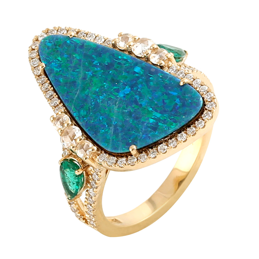 Australian Opal, Emerald & Rose Cut Diamond Statement Ring in 18K Yellow Gold