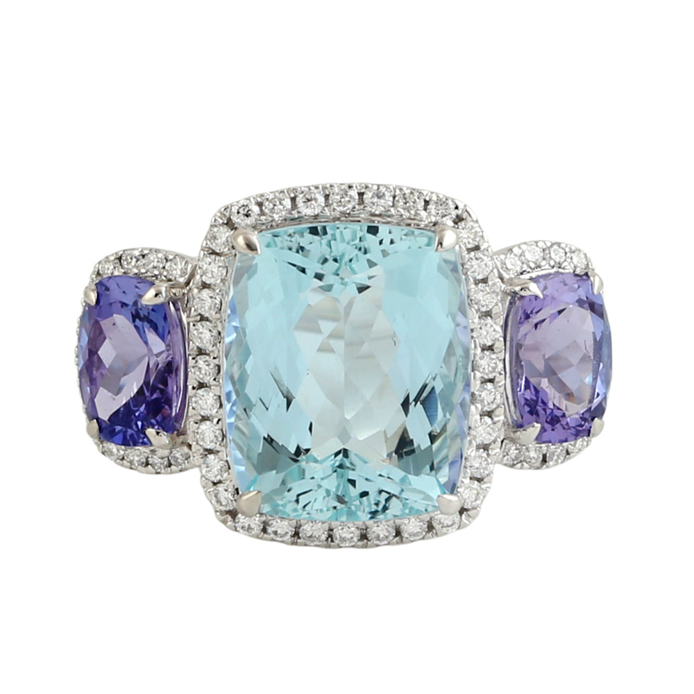 Cushion Cut Aquamarine Prong Tanzanite Pave Diamond Three Stone Ring In White Gold