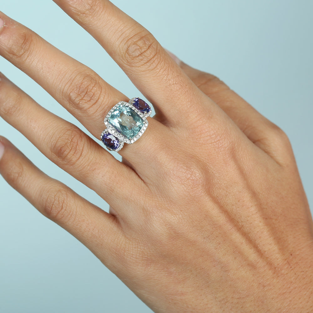 Cushion Cut Aquamarine Prong Tanzanite Pave Diamond Three Stone Ring In White Gold
