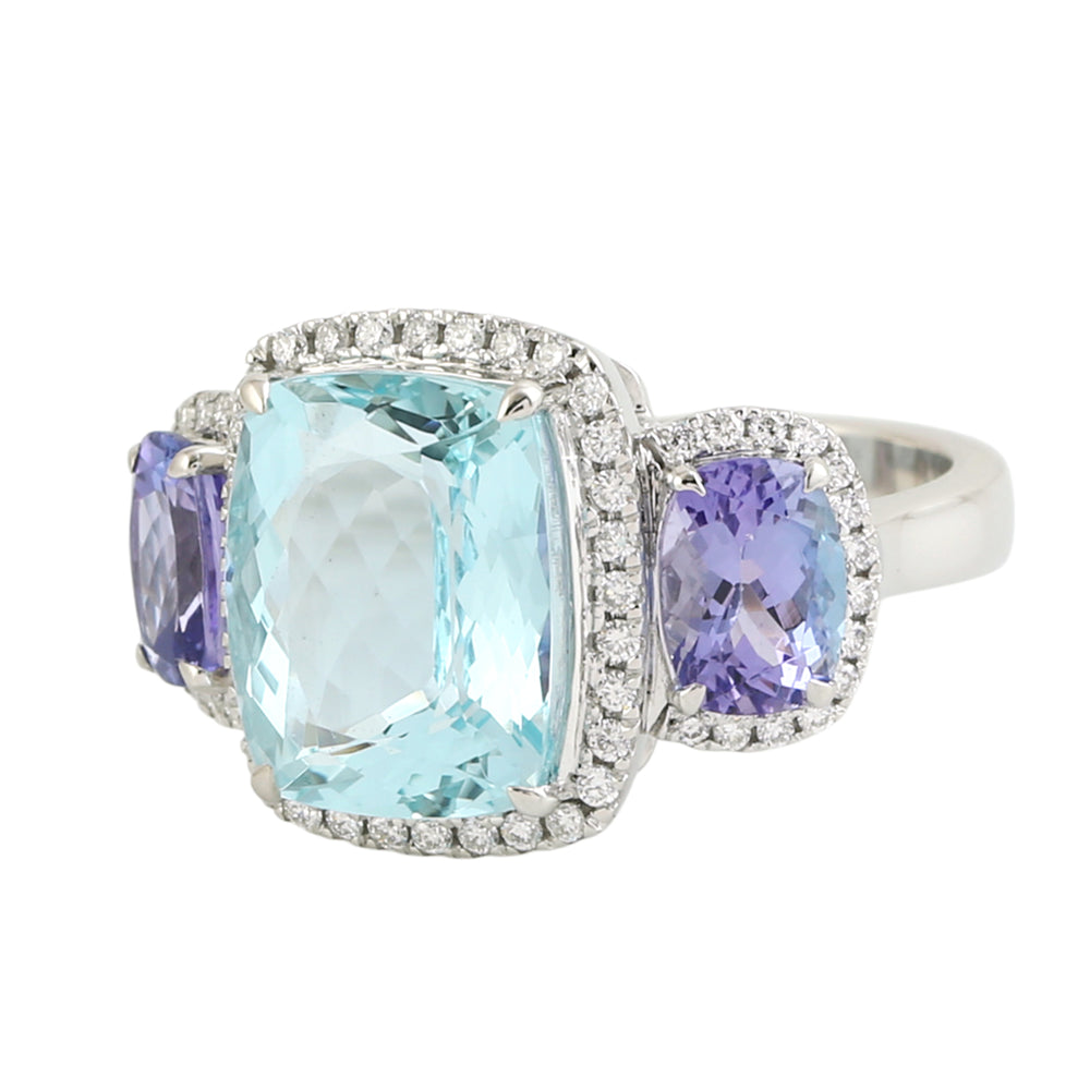 Cushion Cut Aquamarine Prong Tanzanite Pave Diamond Three Stone Ring In White Gold